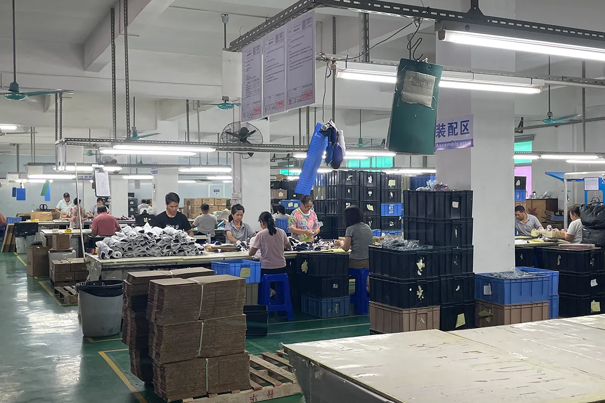 Assembly Lines — inside the EcoHairFactory plant in Dongguan, 1,300 m², 96 people
