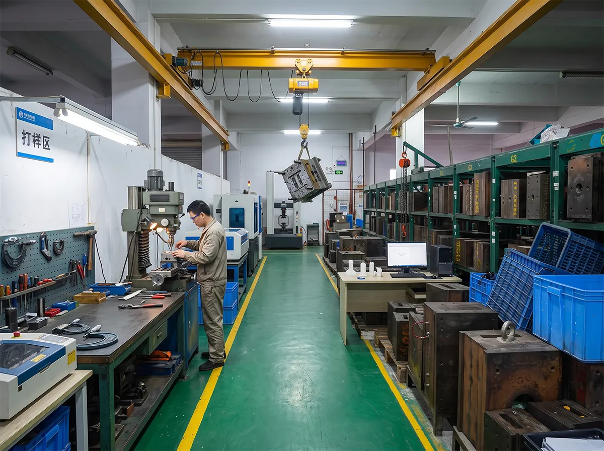 Sample & Mold Room — inside the EcoHairFactory plant in Dongguan, 700 m², 9 people