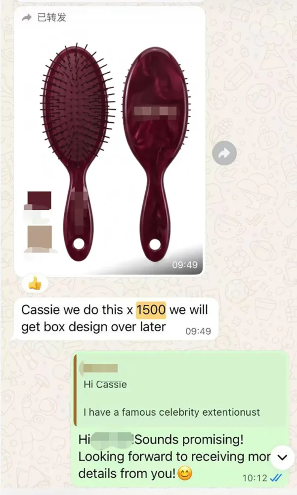 Client confirming 1,500 pcs order via WhatsApp