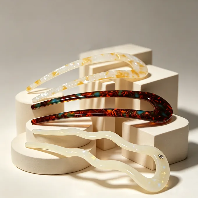 Tortoiseshell, cream and pearl stock colourways of the acetate hair fork