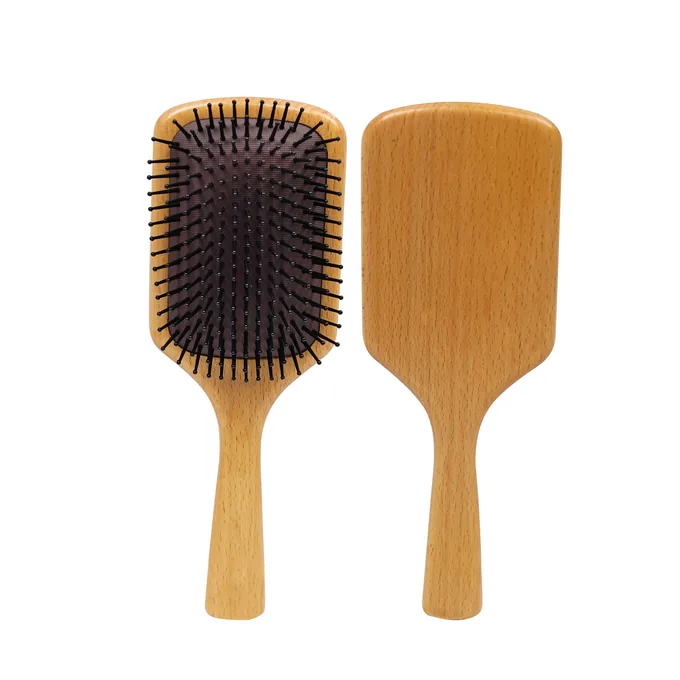Beechwood paddle hair brush shown front and back, a solid one-piece body