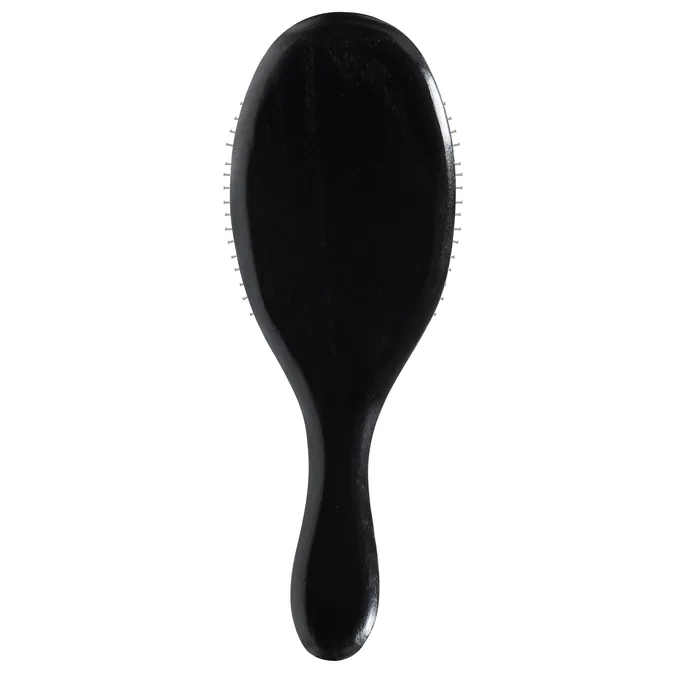 Glossy black oval cushion brush back showing the smooth painted wood finish