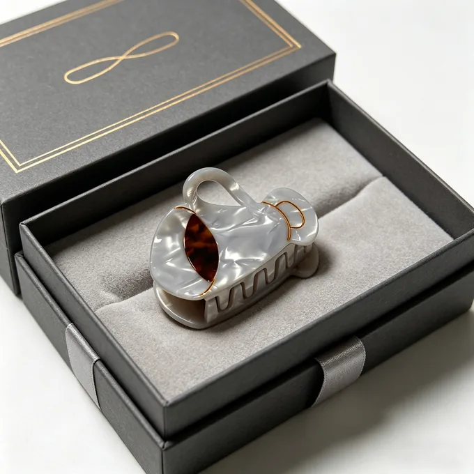Sculptural loop claw clip presented in a premium gift box