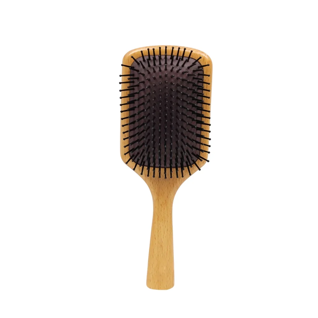Large square beechwood paddle hair brush, front view