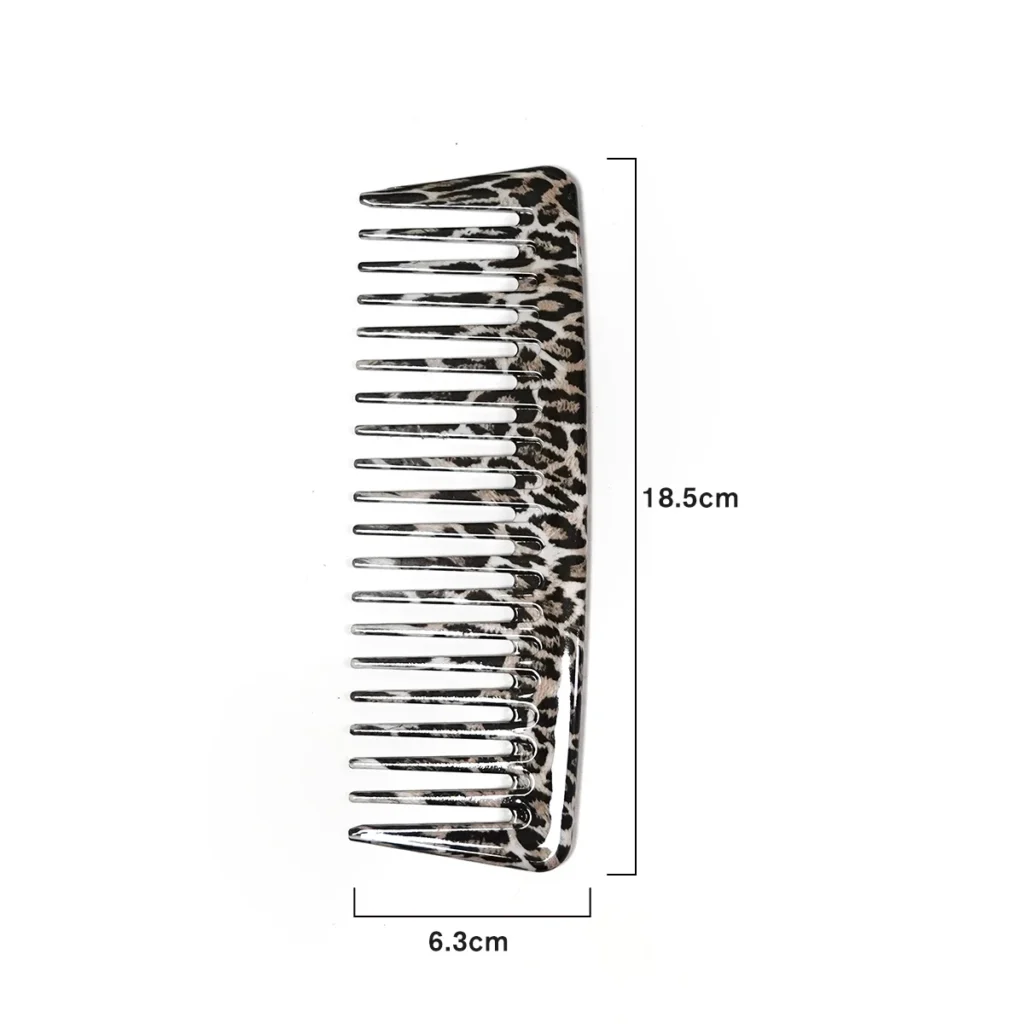 Acetate wide-tooth comb with 18.5 cm by 6.3 cm dimensions marked