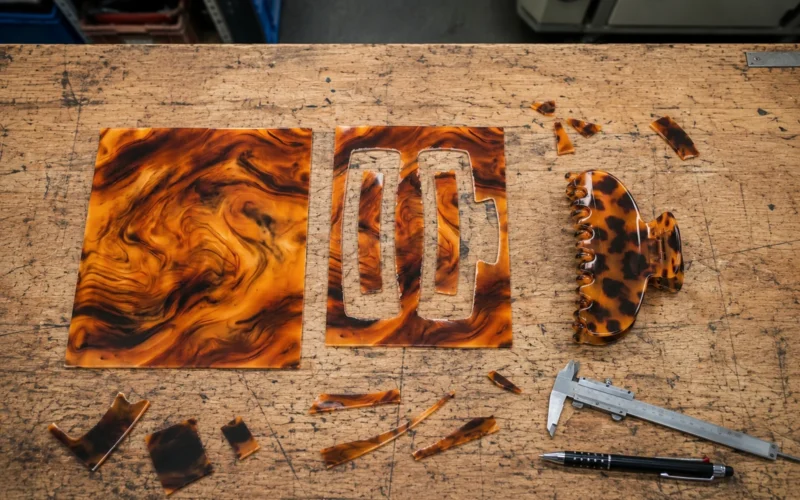 Cellulose acetate sheet, the offcut left after cutting, and a finished claw clip laid out on a worn factory workbench beside a vernier caliper