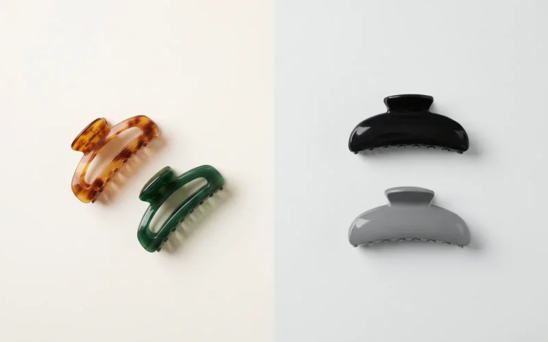 Acetate hair clips compared with plain injection moulded plastic hair clips side by side