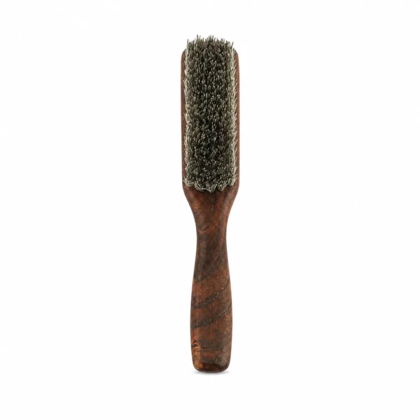A 155 mm handled beard brush standing upright on a white background, showing the mixed boar and nylon bristle field above a waisted wooden handle