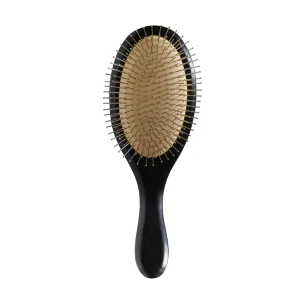 Black colour-sprayed beech oval cushion brush standing upright, showing stainless steel ball-tip pins on a gold cushion