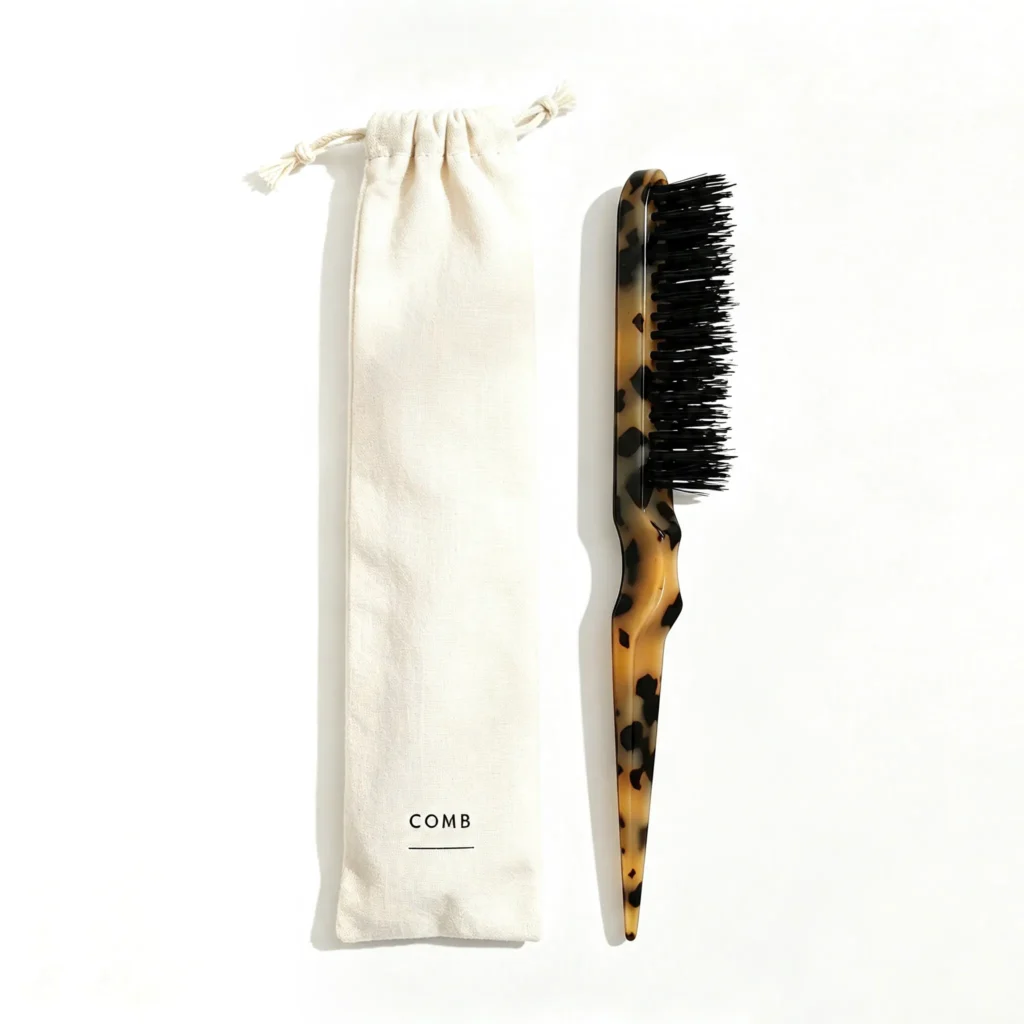 Boar bristle brush with a cotton drawstring pouch
