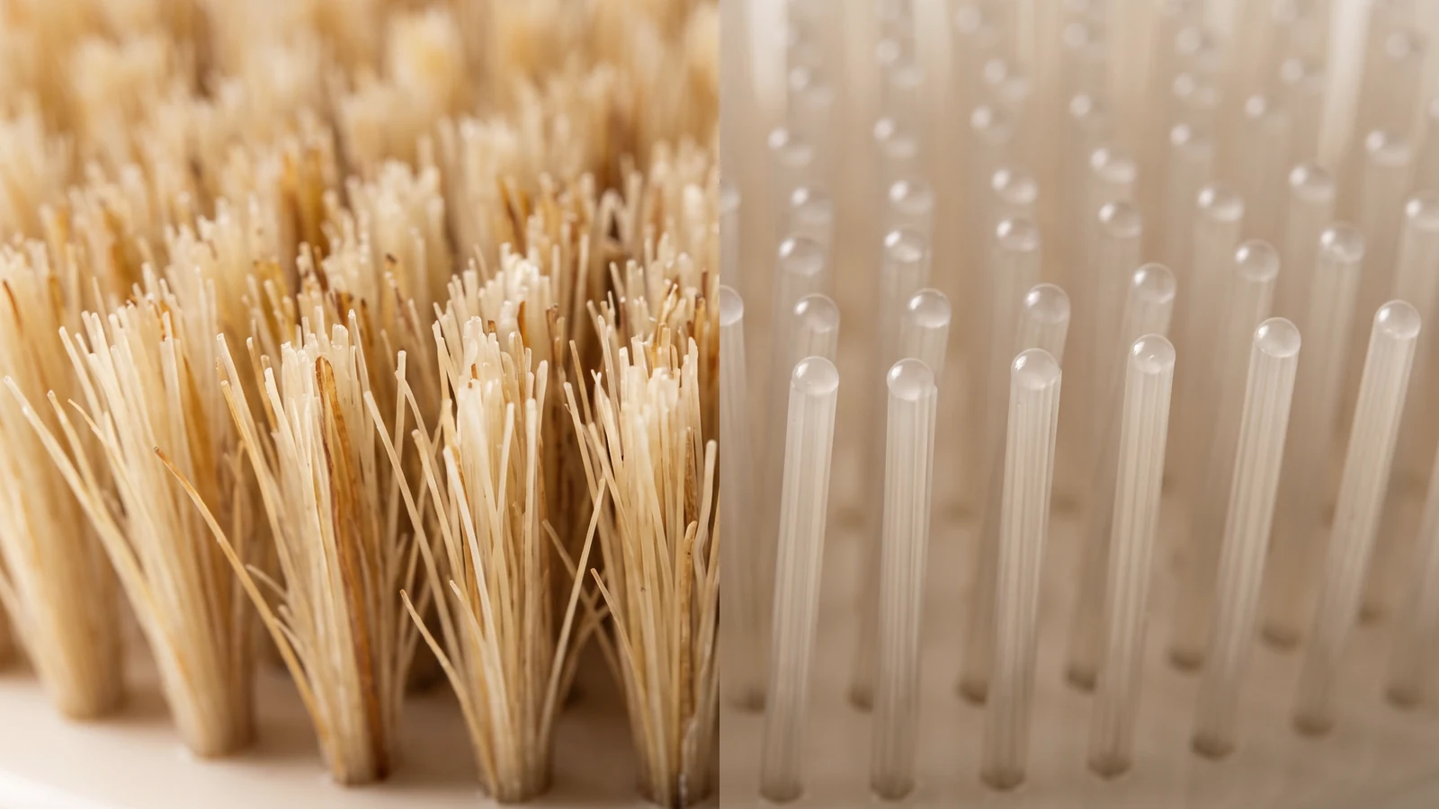 Macro comparison of natural boar bristles beside uniform nylon bristles with rounded ball tips