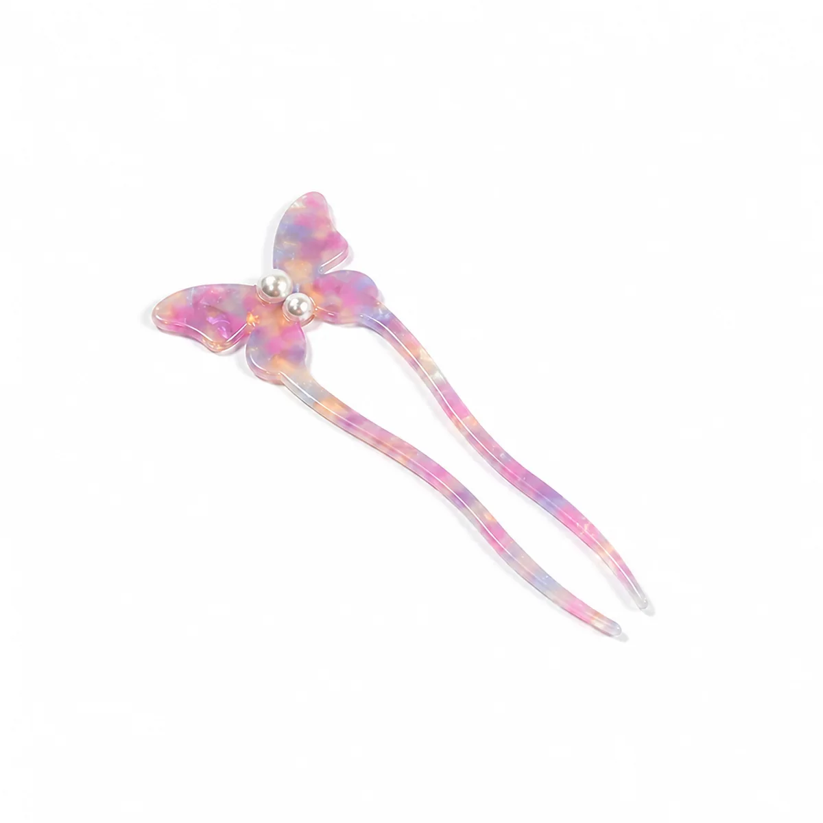 Single iridescent pink butterfly hair fork with a pearl centre