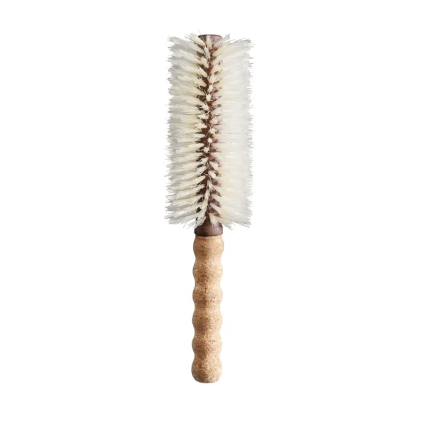 Round blow-dry brush standing upright on a white background, showing the bristle barrel above a turned cork handle