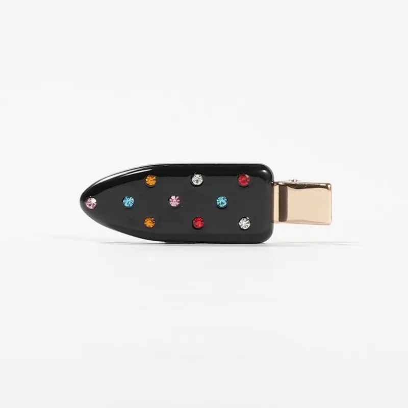 Black acetate duckbill clip with scattered coloured crystals