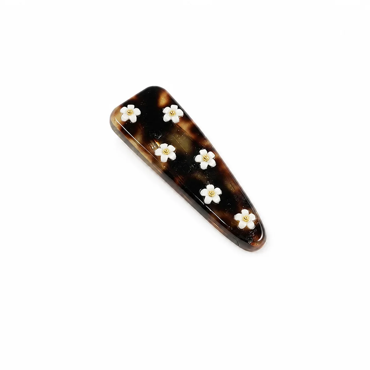 Single dark tortoiseshell acetate snap clip with white daisy flowers