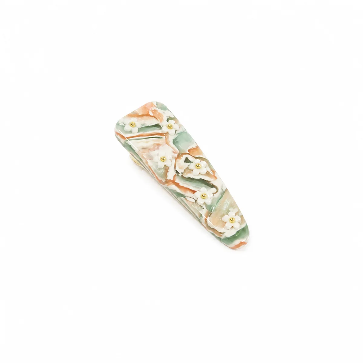 Single green and peach floral acetate snap clip with applied daisies