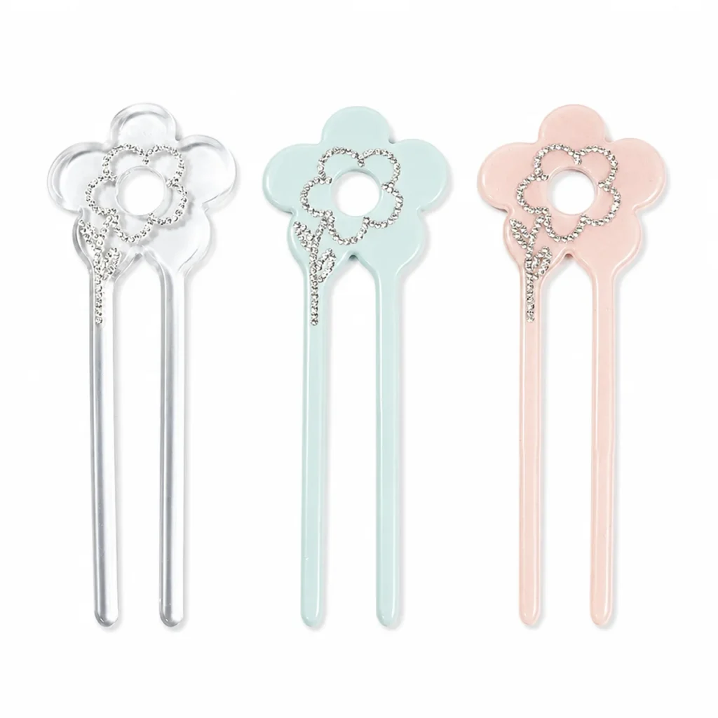 Flower Crystal Hair Fork 13cm | Pavé-Set Acetate, Three Colourways