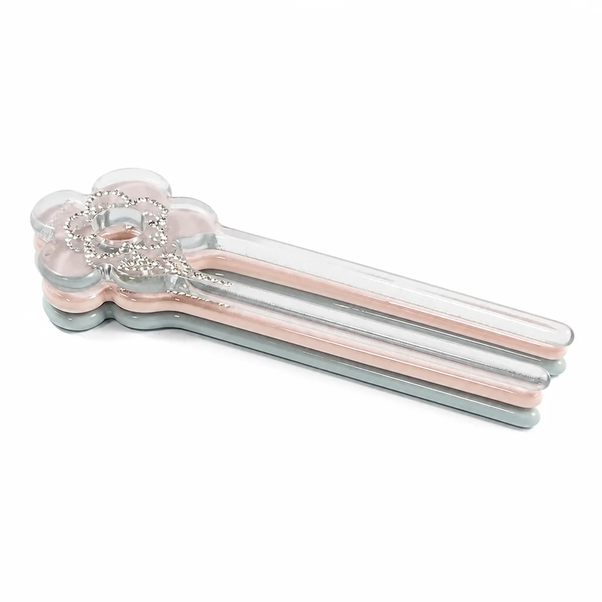 Three flower crystal hair forks stacked flat, showing the 6 mm section