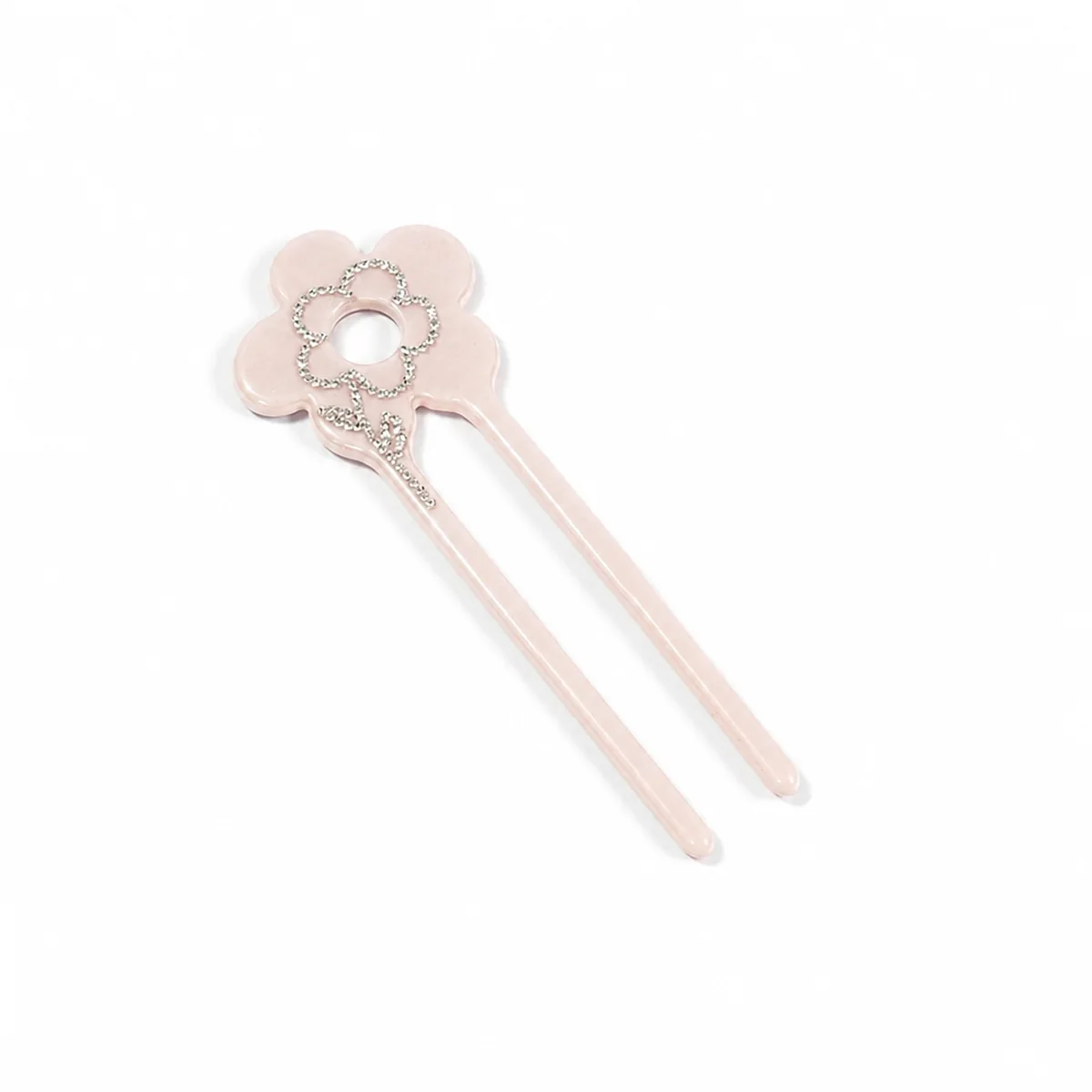 Single blush pink flower hair fork with a pave crystal flower head