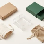 Five unbranded packaging formats for hair accessories: kraft carton, drawer gift box, clear PET box, cotton pouch and velvet pouch