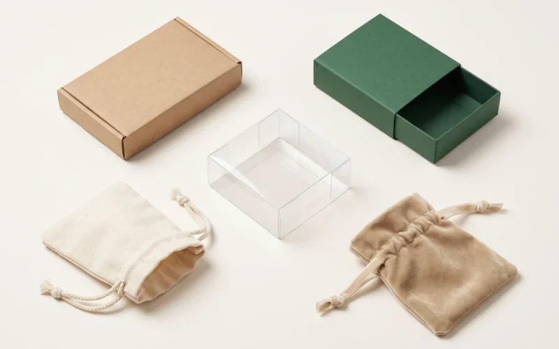 Five unbranded packaging formats for hair accessories: kraft carton, drawer gift box, clear PET box, cotton pouch and velvet pouch