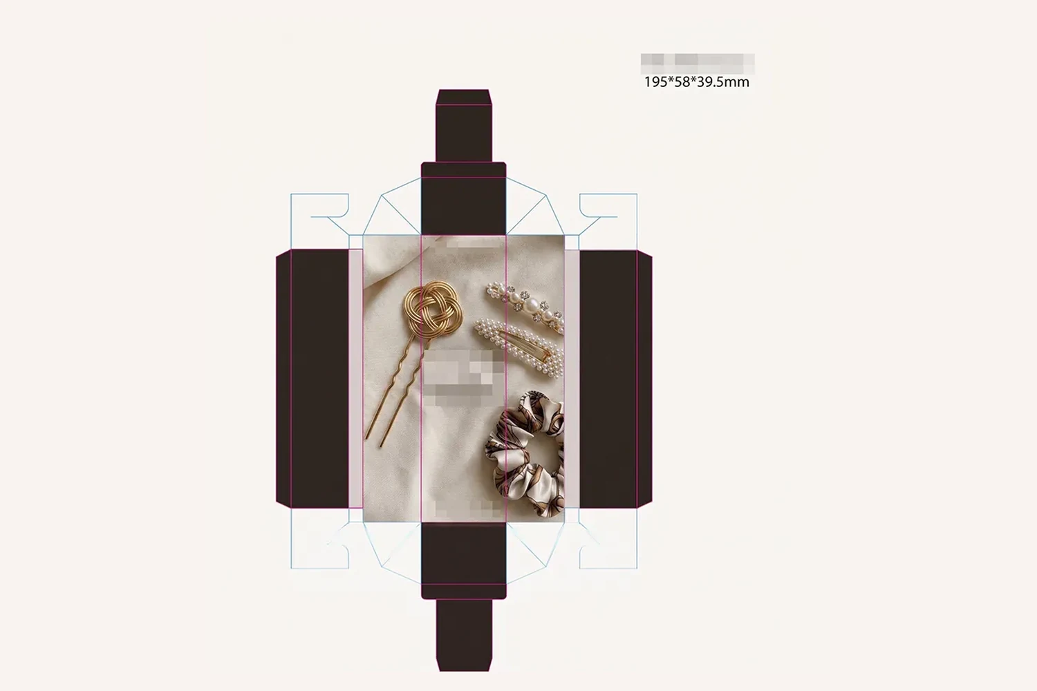 Flat die-cut template drawing for a rigid hair accessory gift box with dimensions marked