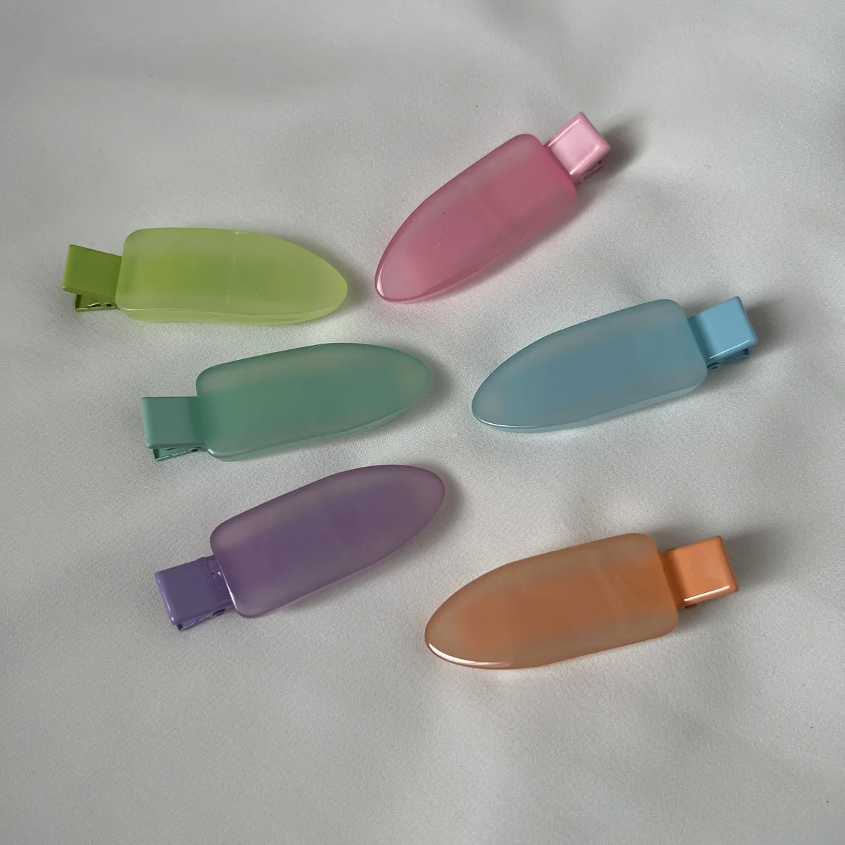 Full six-colour frosted pastel duckbill clip range laid flat