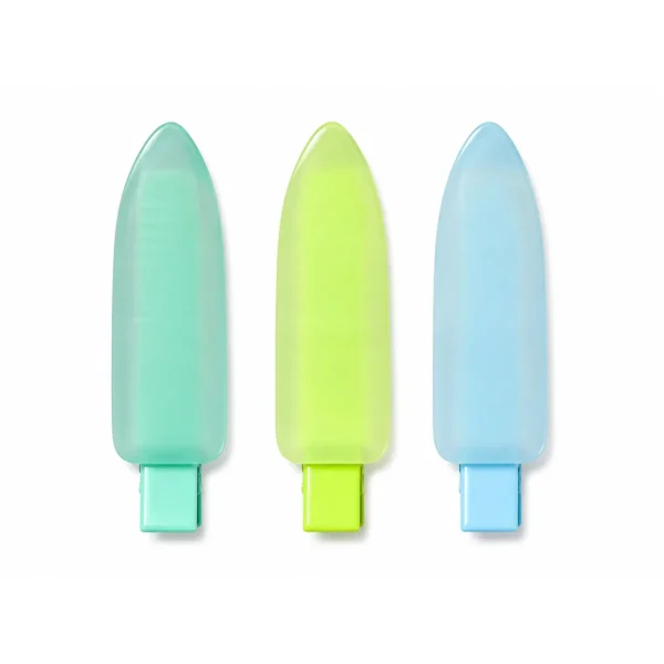 Three frosted semi-translucent acetate duckbill clips standing upright on white in mint, lime and pale blue, each with the spring base coated to match the body