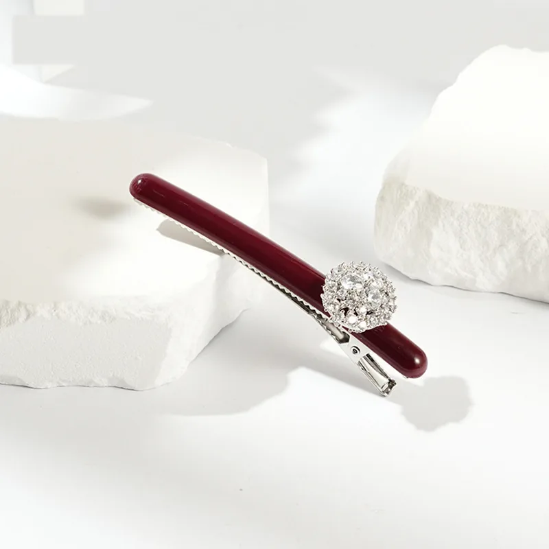 Wine red acetate bar barrette with pave crystal ball, 8.5 cm