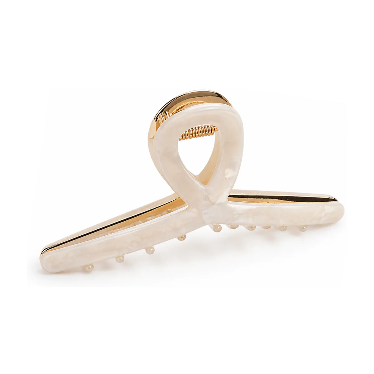 Ivory pearl acetate loop claw clip with gold edging and a row of small pearls tipping each tooth