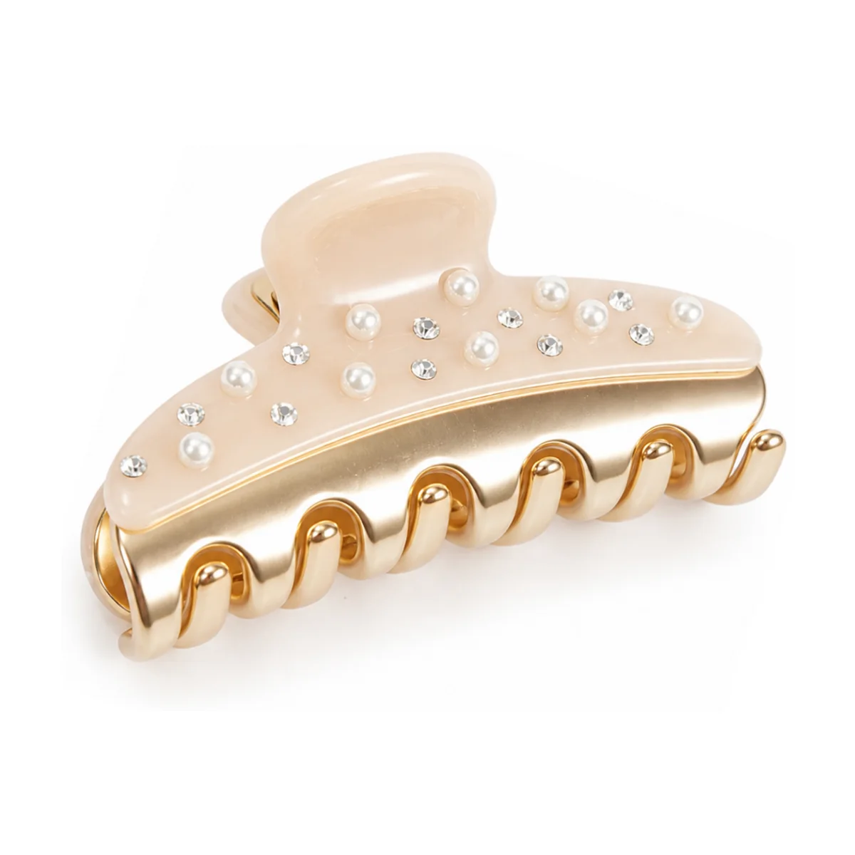 Cream pearl acetate mini claw clip set with pearls and crystals over twisted gold rope teeth