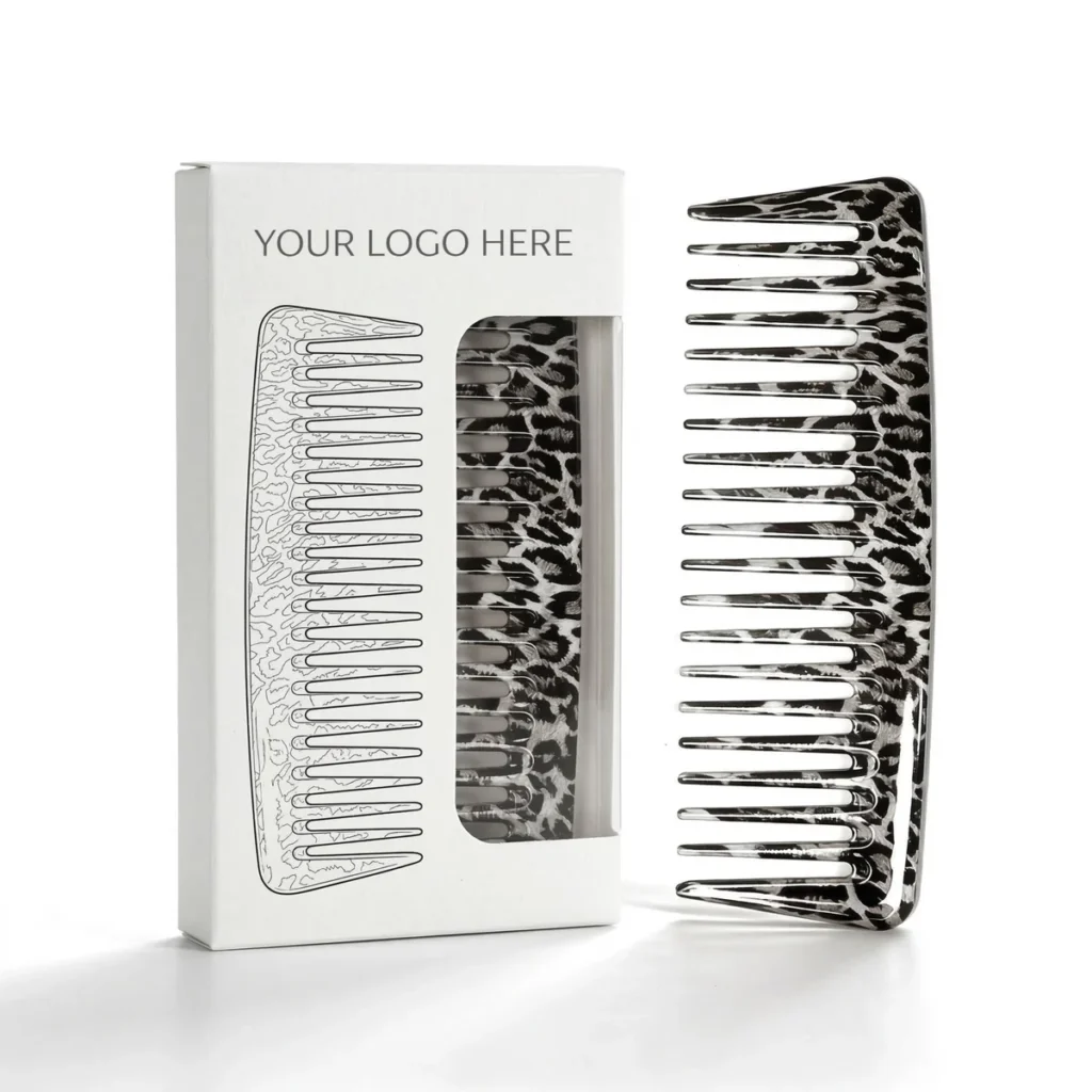 Retail box printed YOUR LOGO HERE beside an acetate wide-tooth comb