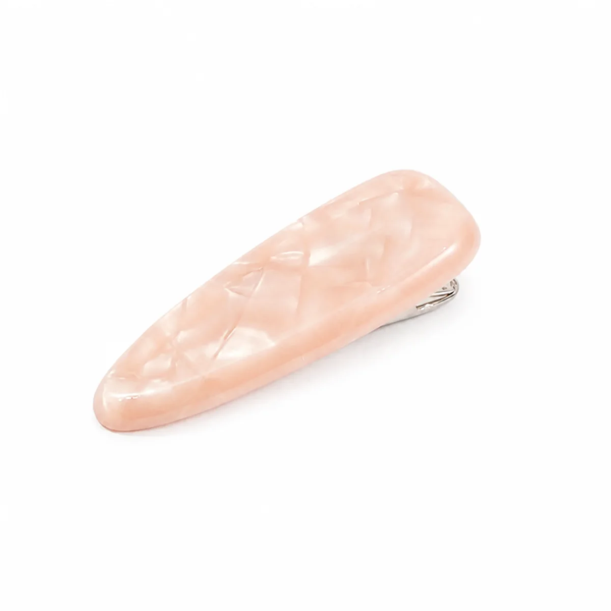 Single blush acetate teardrop snap clip turned to show the snap mechanism