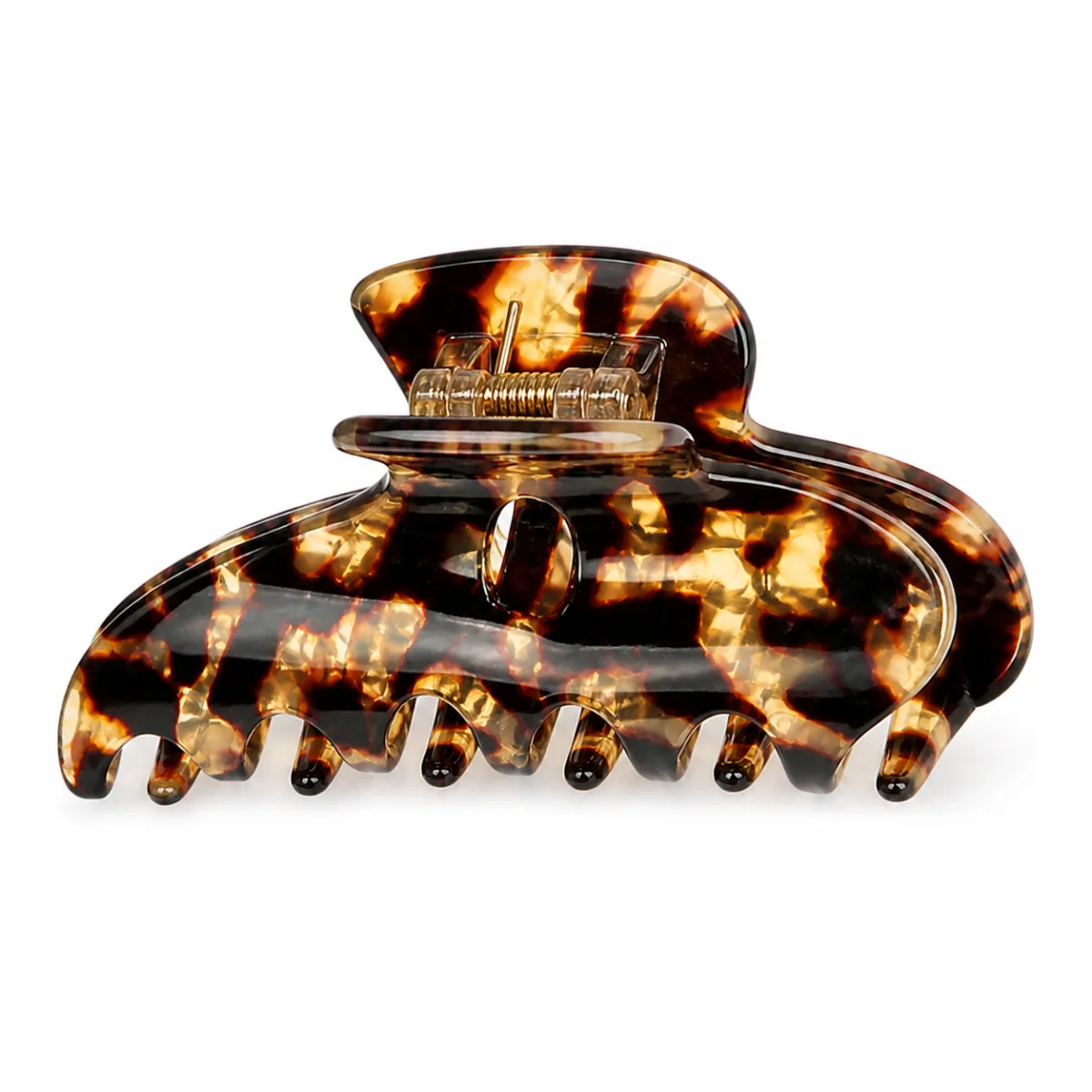 Dark tortoiseshell acetate claw clip with a scalloped wave tooth line along the lower jaw