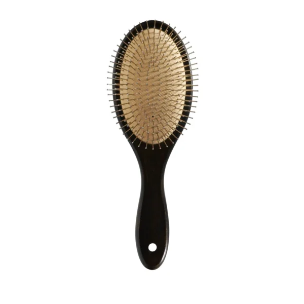 Long handle oval hair brush in dark colour-sprayed Schima wood standing upright, showing stainless steel ball-tip pins on a gold cushion