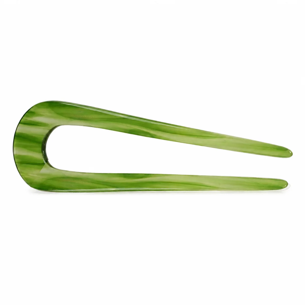 Single jade green wide-U hair fork lying horizontally
