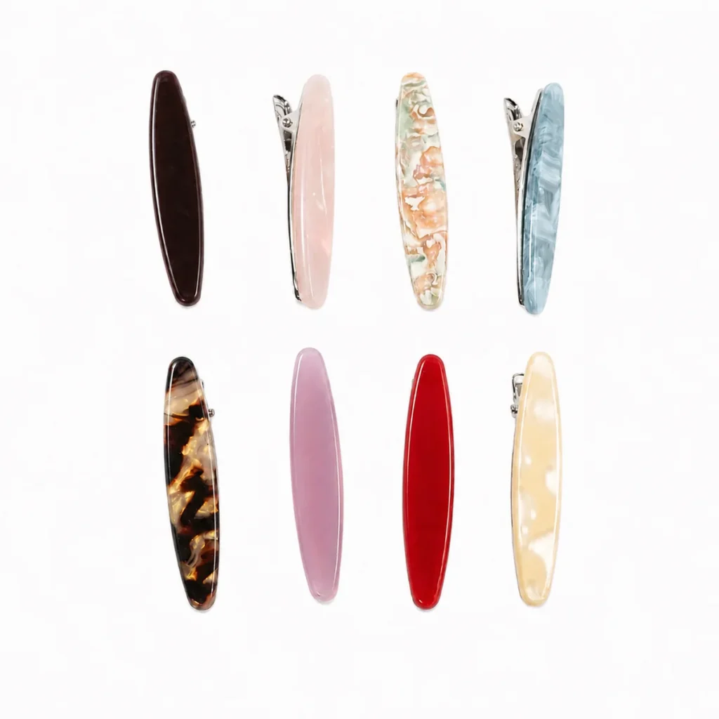 Eight slim willow duckbill clips in two rows of four, full colour range