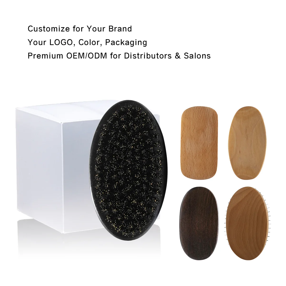 Custom branding options for the wooden beard brush: logo, colour, packaging