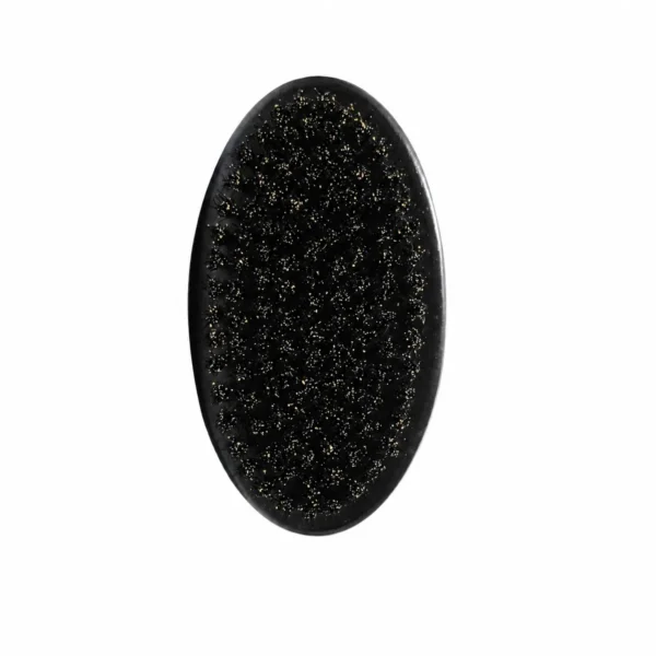 Black-finished wooden palm beard brush seen from above on a white background, showing the full oval field of 100% boar bristle
