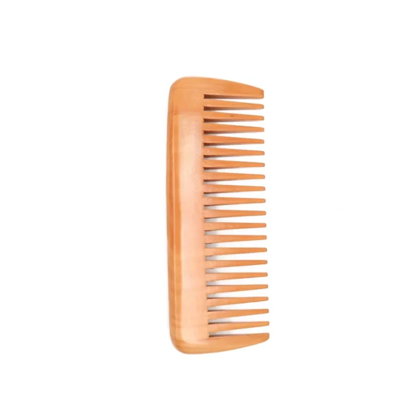 Wooden pocket comb standing upright on a white background with the teeth to the left, showing the full wide-tooth row and the rounded handle-free body