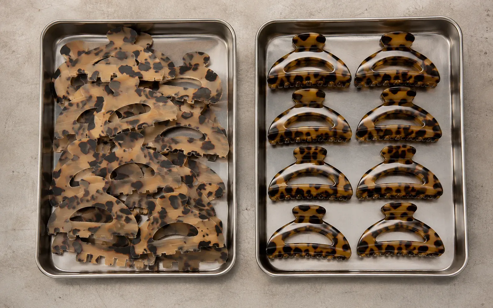 Acetate clip blanks before and after polishing in factory production
