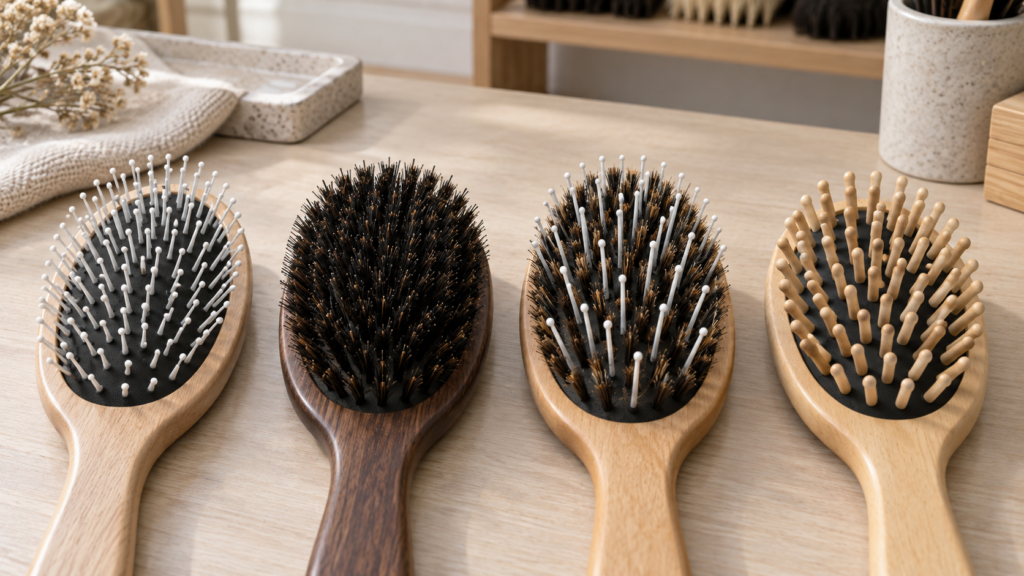 Nylon, boar, mixed and wooden pin hair brushes compared
