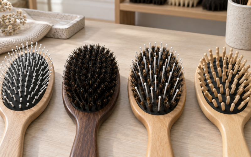 Nylon, boar, mixed and wooden pin hair brushes compared