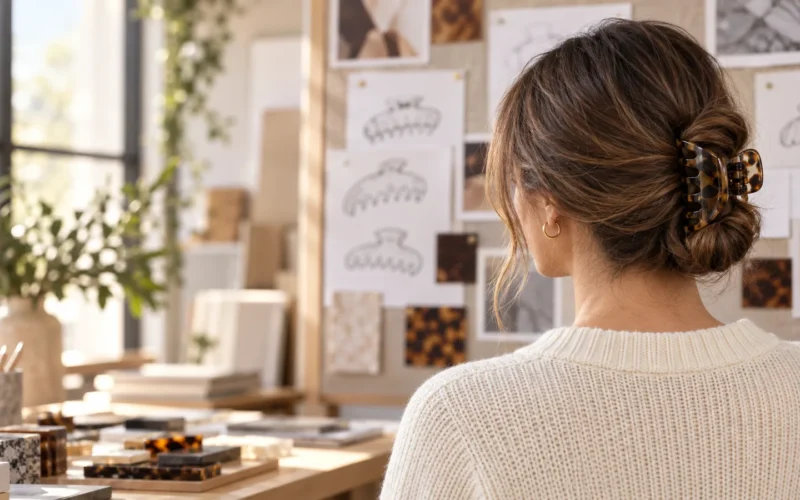 Woman wearing a tortoiseshell claw clip beside a custom hair accessory design board