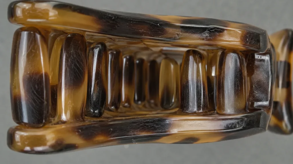 Macro view straight down the closed toothed row of an acetate claw clip showing how the two rows interlock