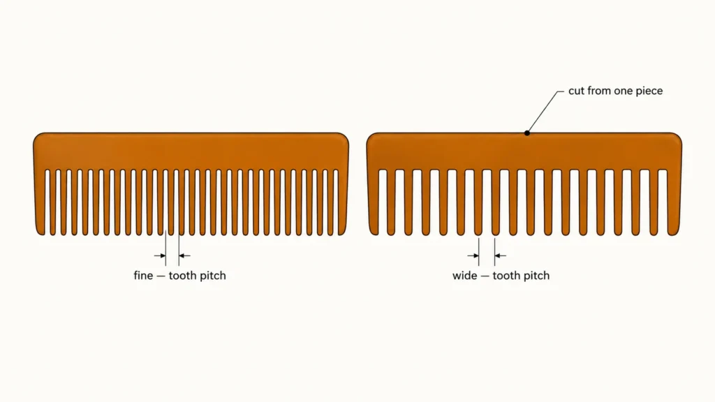 Diagram comparing a fine tooth pitch and a wide tooth pitch on two combs of the same outline, with the spine labelled as cut from one piece