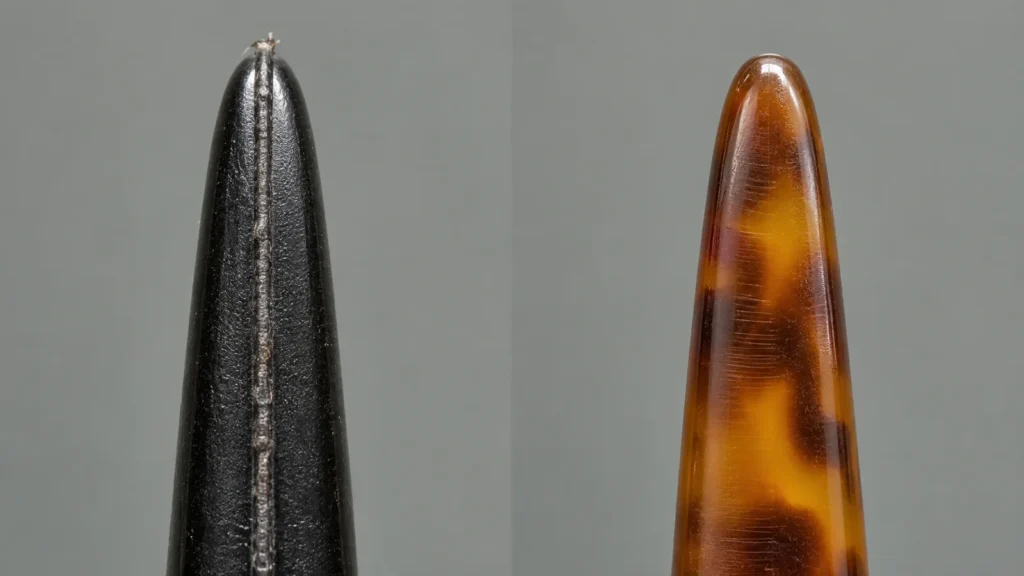 Macro comparison of two comb teeth: a moulded plastic tooth with a raised parting line running down it, beside a cut and polished acetate tooth with a smooth flank