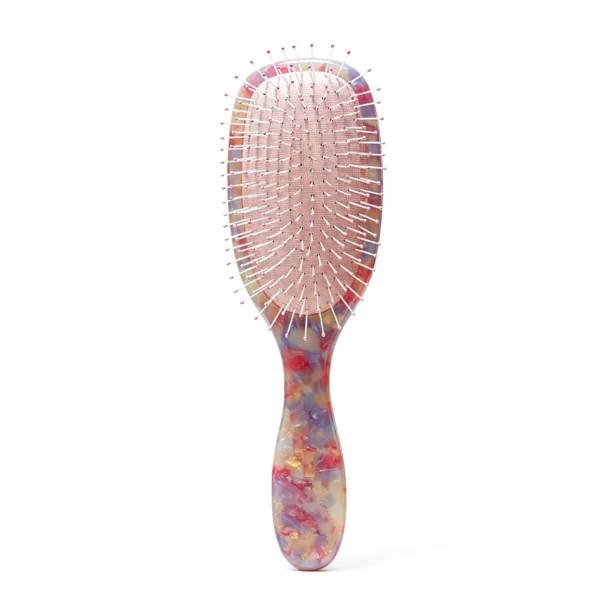Pink confetti acetate detangling brush with ball-tipped nylon pins, view 01