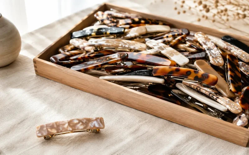 Wooden tray filled with mixed tortoiseshell and pearl acetate hair barrettes