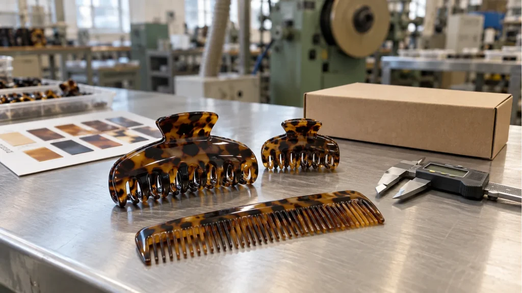 Tortoiseshell acetate claw clips and comb on a quality-control bench beside calipers and packaging sample